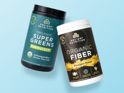 Organic Fiber and Organic Supergreens on blue background