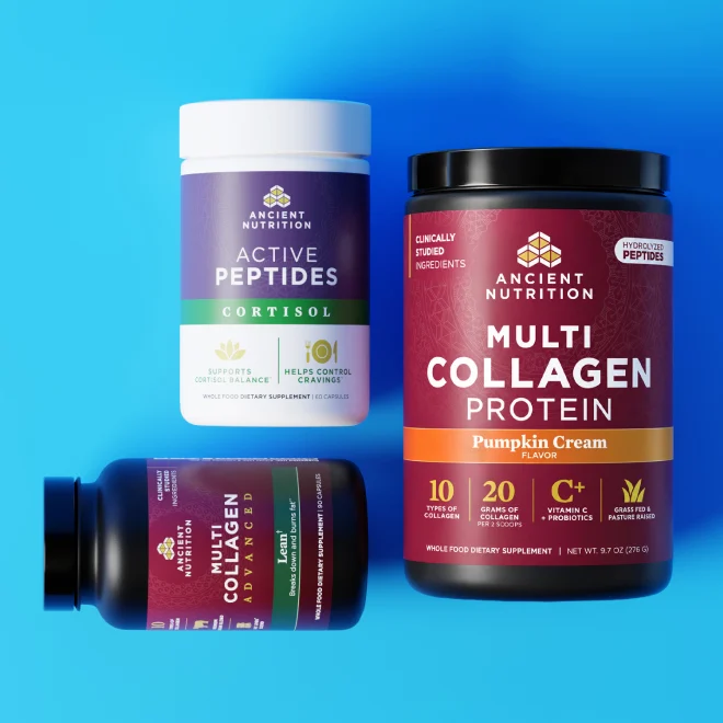 two ancient nutrition items on a blue background