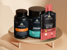 Three ancient nutrition items on a tan background