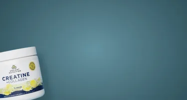 bottle of creatine + collagen on a teal background