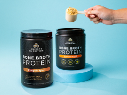 Bone Broth Protein Pumpkin Spice And Tomato Basil with blue background