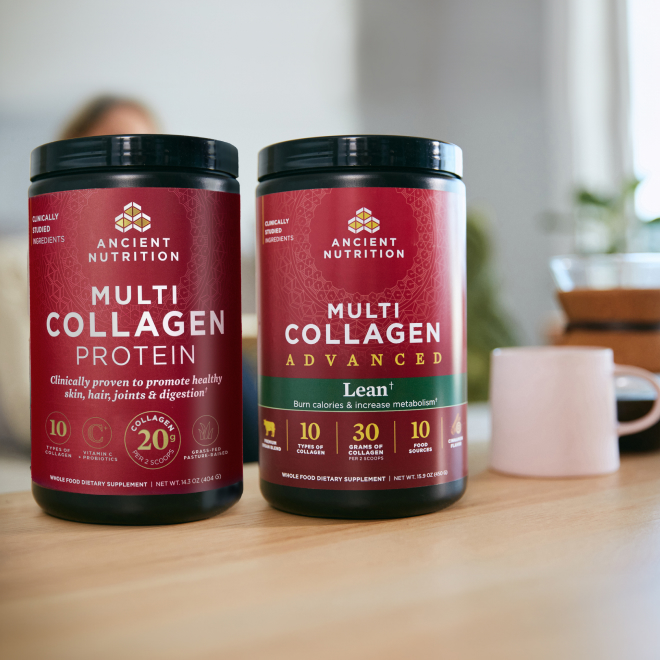 Multi collagen protein and multi collagen advanced lean powder bottles