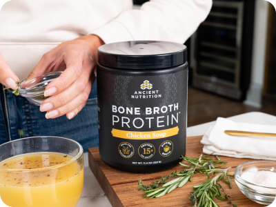 bone broth chicken soup bottle on a counter