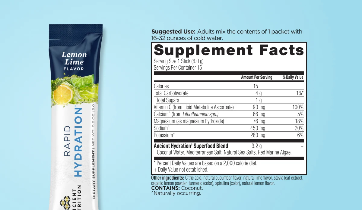 Rapid Hydration Lemon Lime supplement facts label