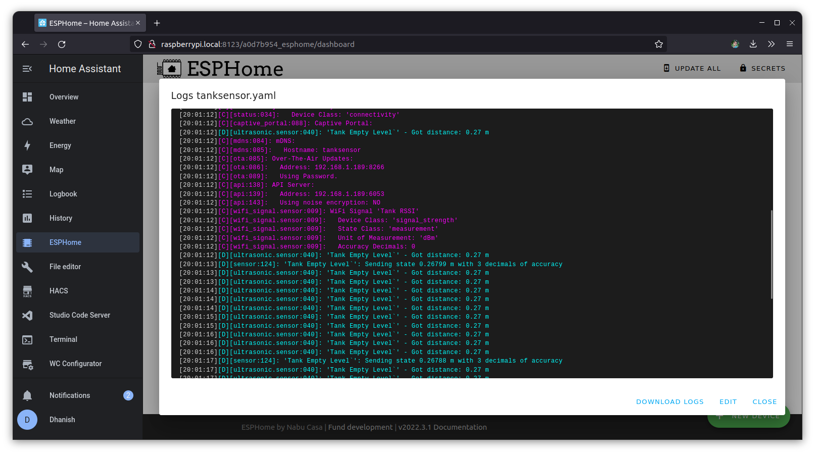 ESPHome Tank Sensor Logs