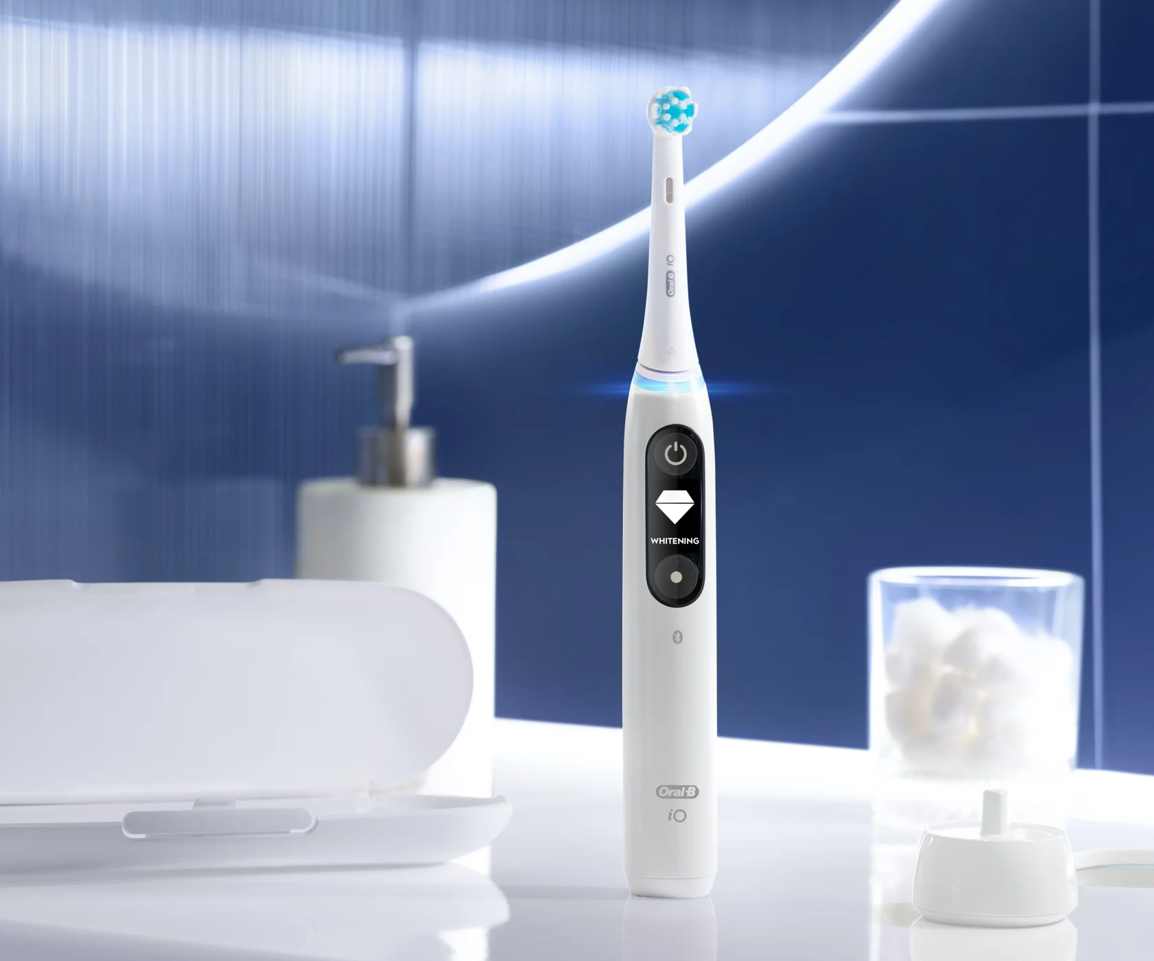 Trio of Oral-B iO Series 7 toothbrushes with different cleaning modes displayed 