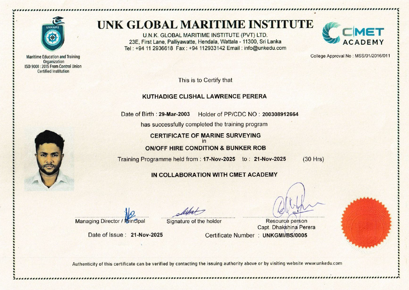Clishal L. Perera - Certificate in On_Off-Hire Condition & Bunker ROB Survey