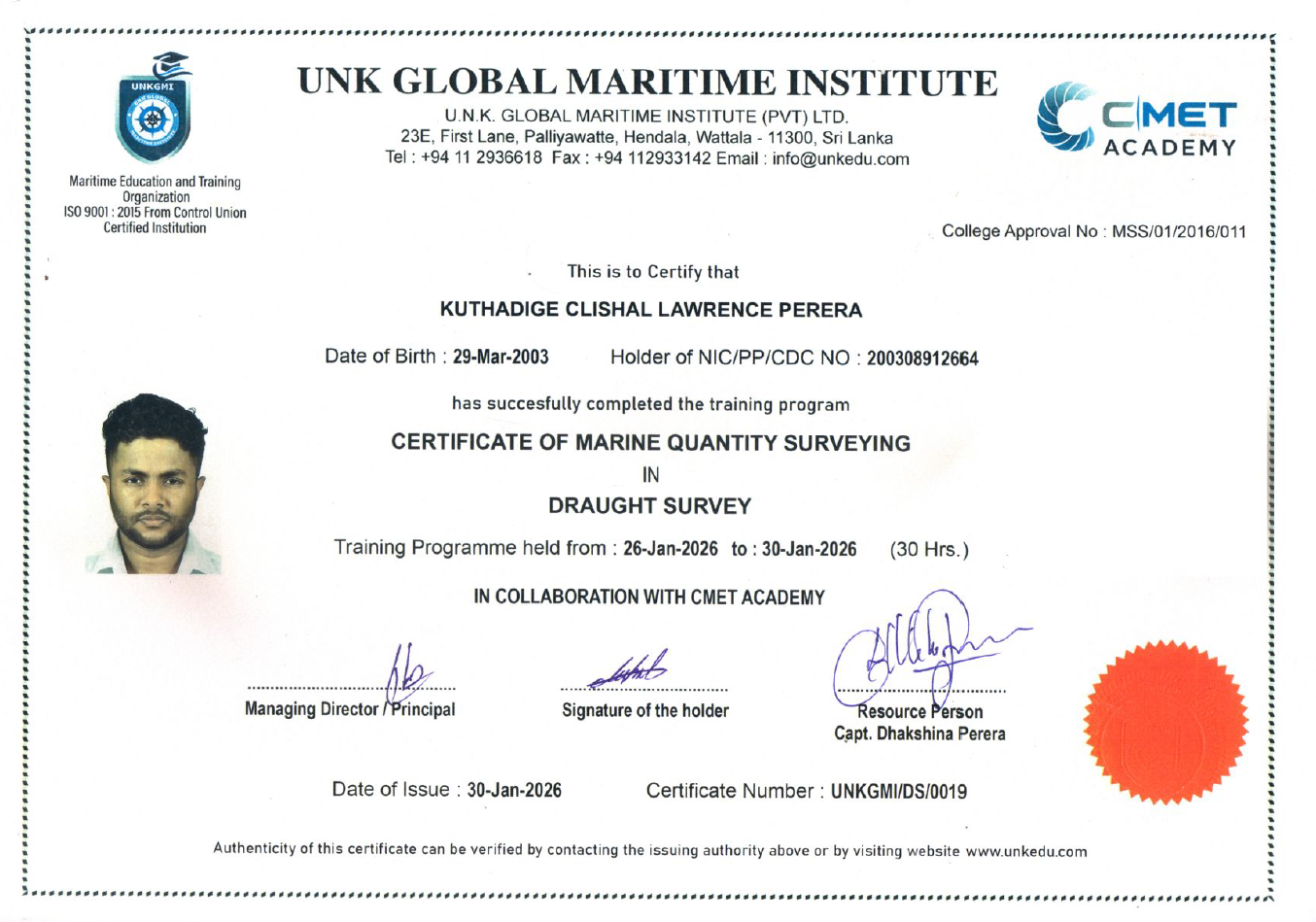 Clishal L. Perera - Certificate in Draught Survey