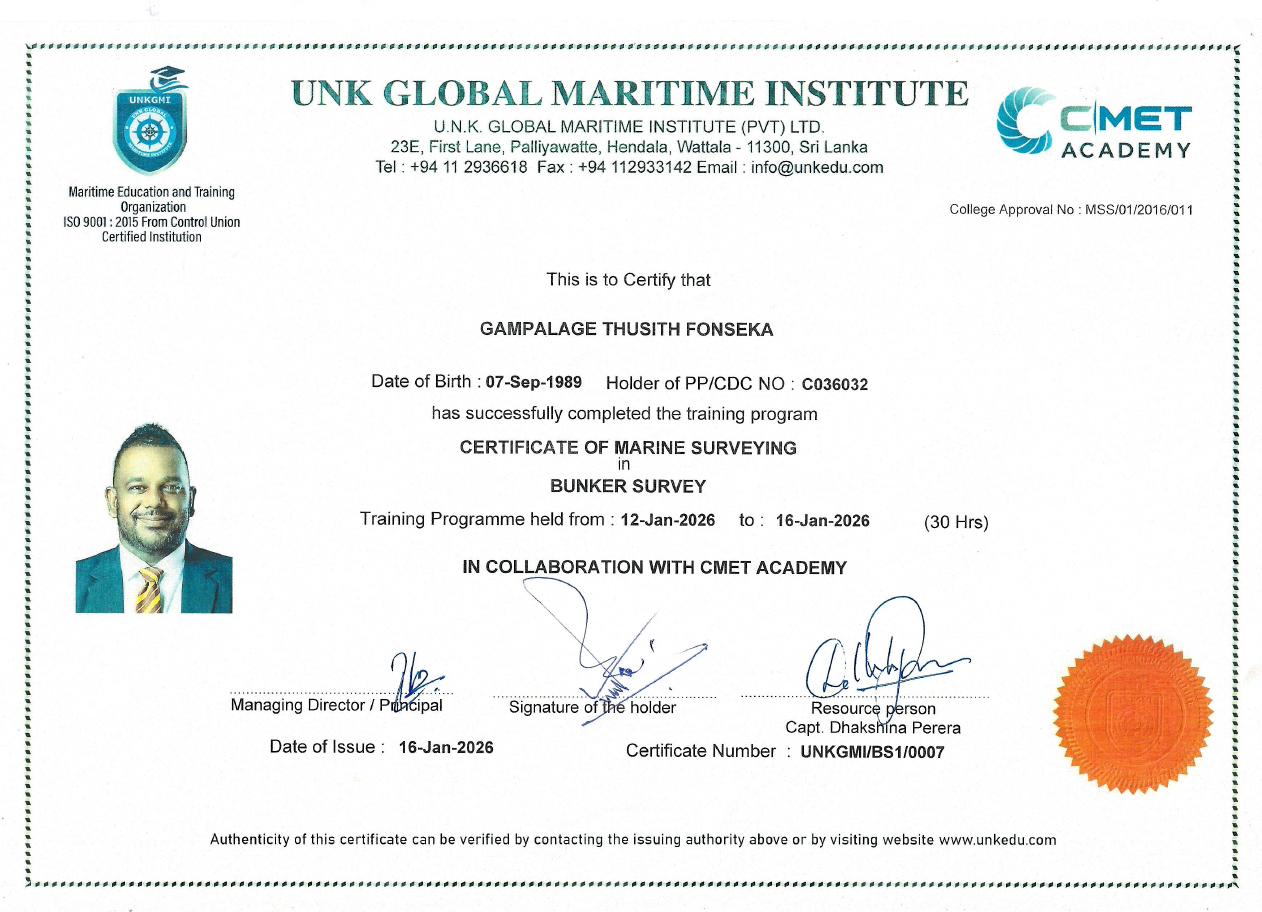 G Thusith Fonseka - Certificate in Marine Surveying & Bunker Survey