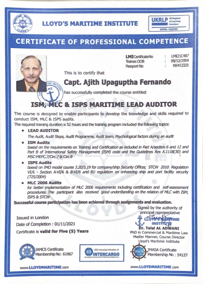 Ajith ISM,ISPS, MLC Maritime Lead Auditor