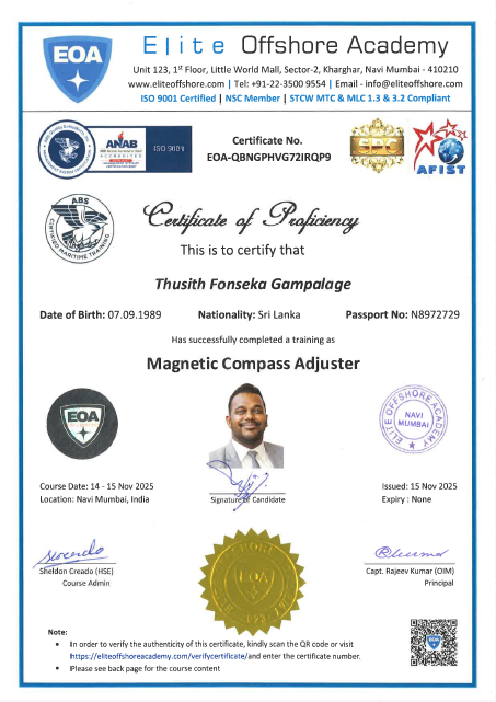 G Thusith Fonseka - Certificate in Magnetic Compass Adjuster