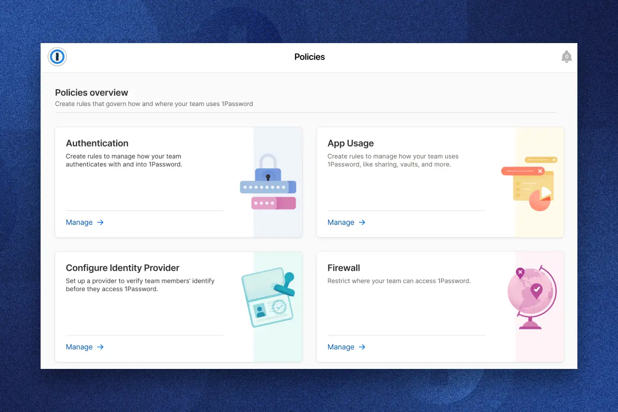 1Password Policies dashboard with options for Authentication, App Usage, Configure Identity Provider, and Firewall, each with "Manage" links.