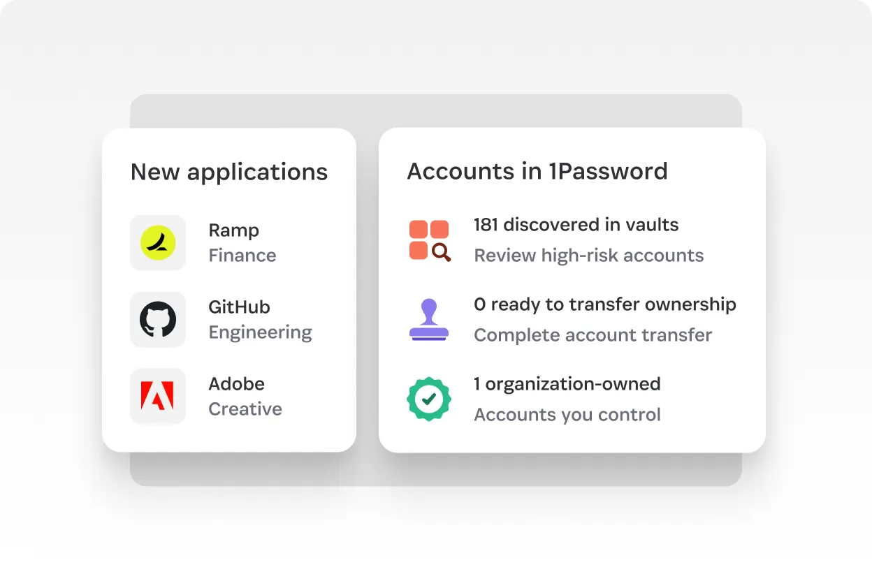 User Interface displaying new applications and accounts in 1Password