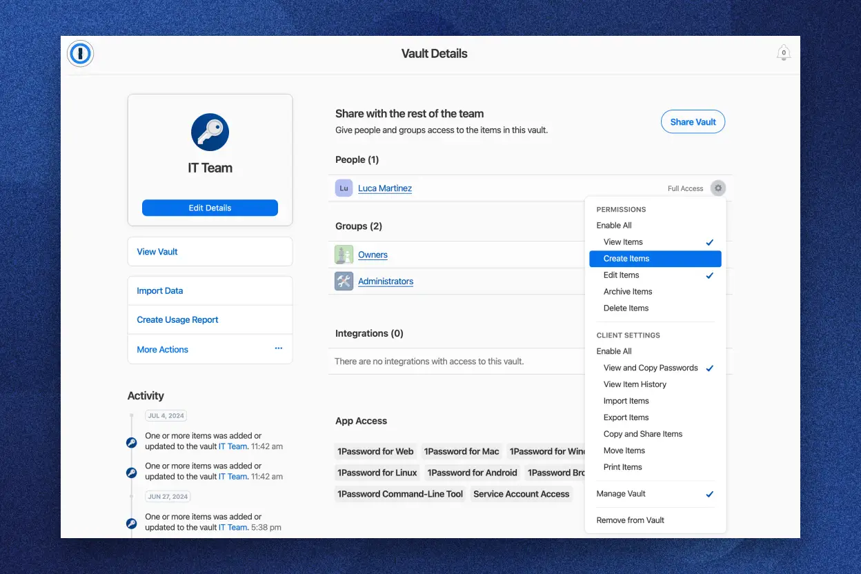 L'interface 1Password Extended Access Management affichant la gestion de l'équipe informatique, avec les options « Modifier les détails » et « Afficher le coffre-fort », ainsi que la liste déroulante des autorisations.