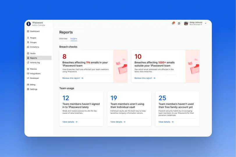1Password Insights dashboard highlighting breach checks, team usage, and password security risks