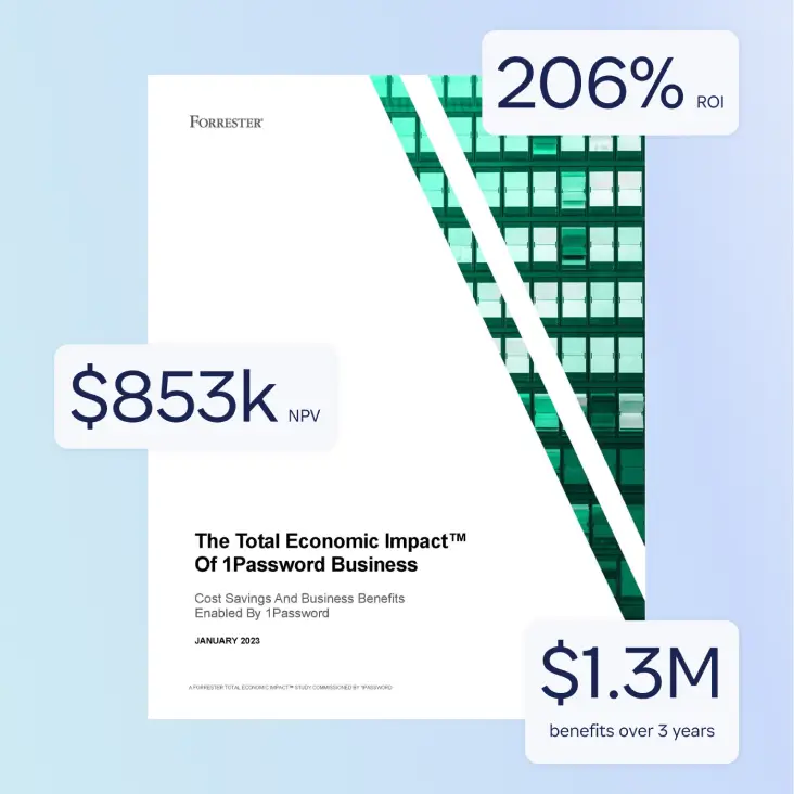 The Total Economic Impact™ of 1Password Business, cost savings and business benefits enabled by 1Password, January 2023. A Forrester total economic impact™ study commissioned by 1Password. 206% ROI, 853K NPV, and 1.3M benefits over 3 years.