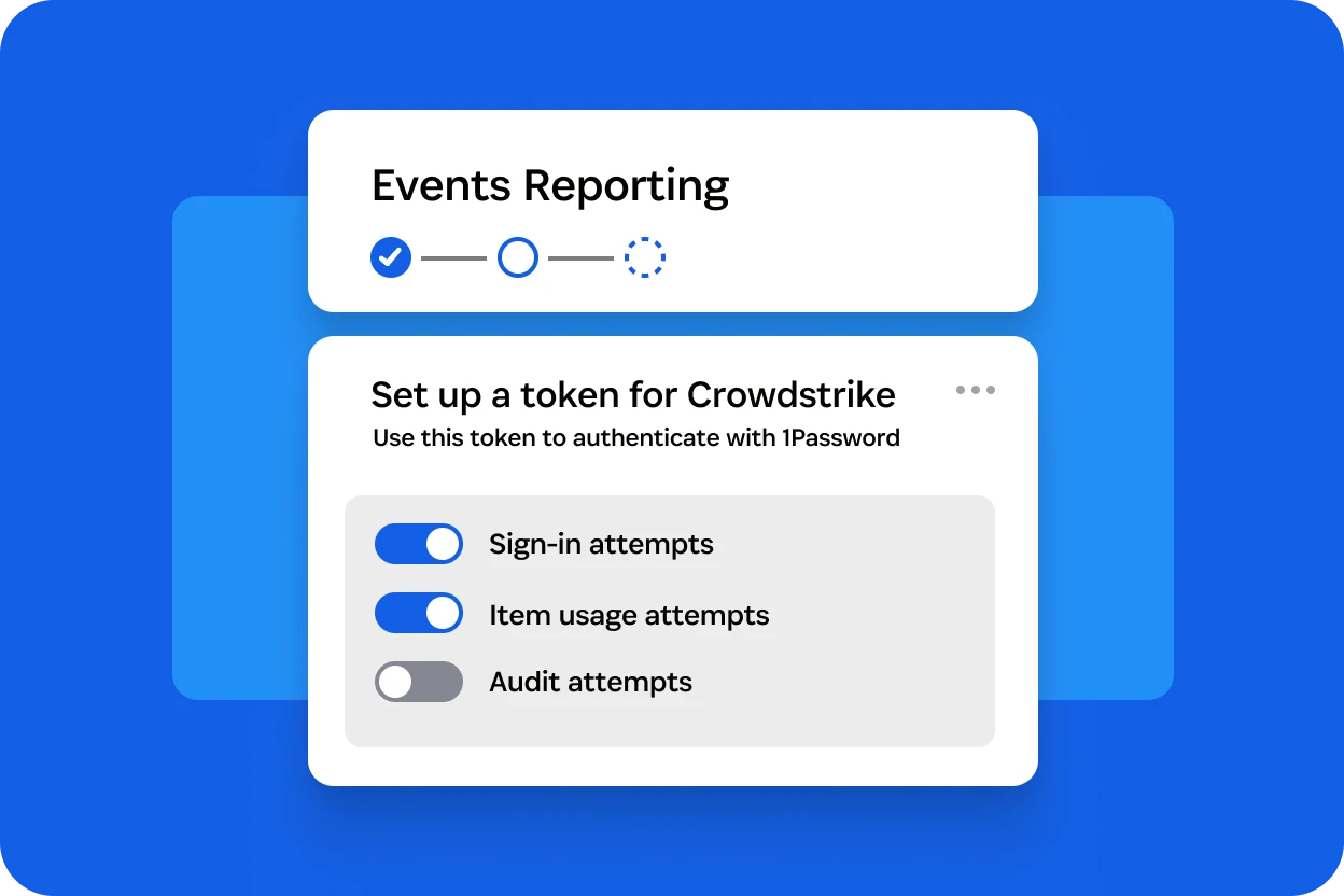 Enterprise password manager integrations dashboard showing events reporting, in this example the user is setting up a token for crowdstrike and has options to use 1Password to authenticate for sign-in attempts, item usage attempts, and audit attempts