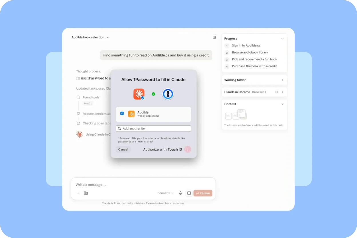 Authorization prompt allowing the enterprise password manager to securely autofill credentials into the Claude AI app.