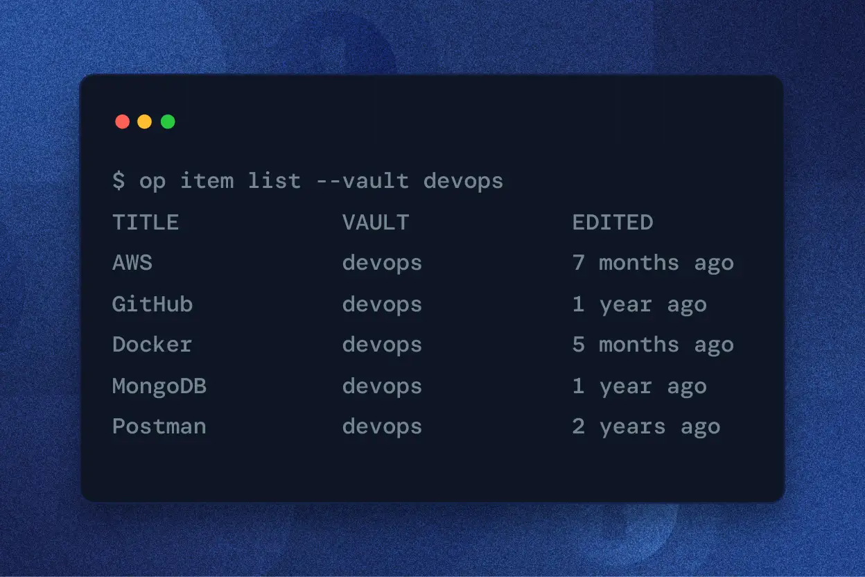 Terminal window showing a list of items including AWS, GitHub, Docker, MongoDB, and Postman and their edit times for the devops vault.