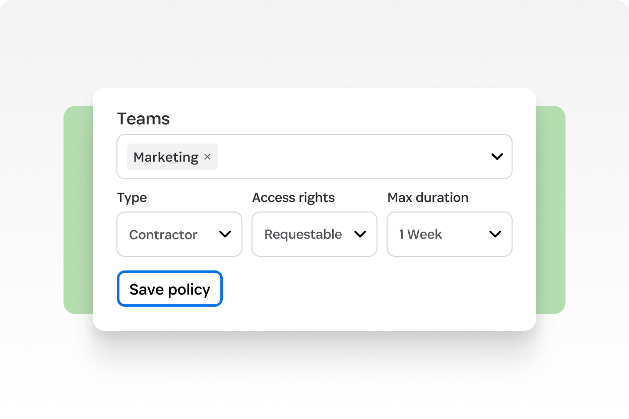 Access policy editor for marketing team showing type, access rights, and max duration settings