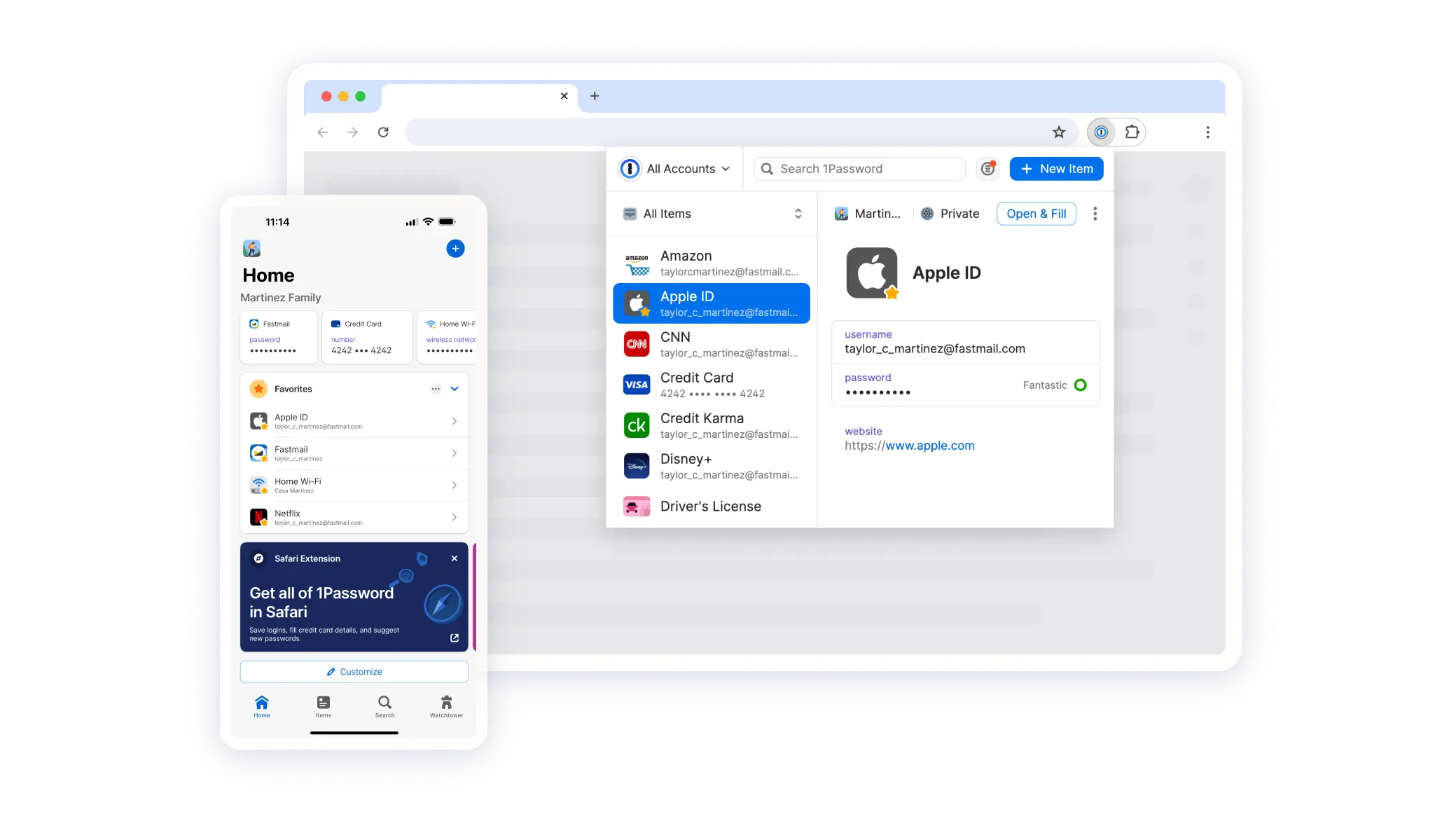 手機和桌上型電腦上均顯示 1Password 應用程式。平板電腦顯示「主頁」螢幕畫面，其中包含密碼、信用卡和 Wi-Fi 資訊等已儲存的資料。下方列出了 Netflix 等「我的最愛」。平板電腦顯示包括 Apple ID 在內的登入清單。已選擇並顯示 Apple ID 帳戶的詳細資料，包括使用者名稱和標記為「非常棒」的密碼強度指標。