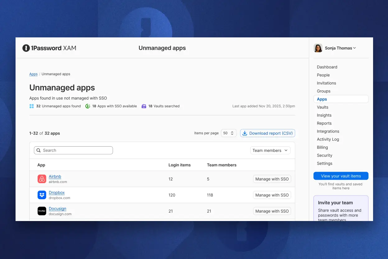 1Password Extended Access Management App Insights em versão beta privada.