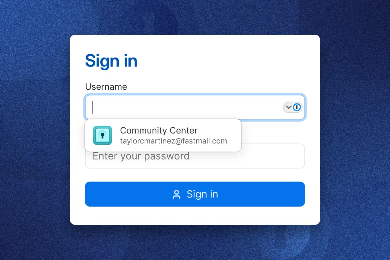 Página de login exibindo campos para nome de usuário e senha. O campo de nome de usuário é preenchido e uma sugestão de senha de preenchimento automático do 1Password é mostrada no menu suspenso do campo de senha. Há um botão "Entrar" após o campo da senha.