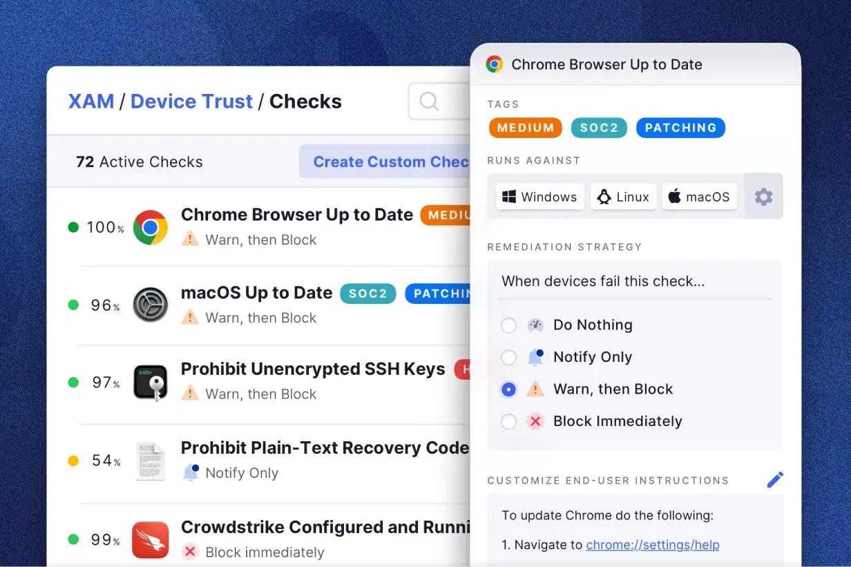 The image on the left displays a Device Trust dashboard in 1Password Extended Access Management showing device trust checks with items listed like Chrome Browser Up to Date and macOS Up to Date. The image on the right details the settings for a Chrome Up to Date check with remediation strategies and update instructions for end-users.