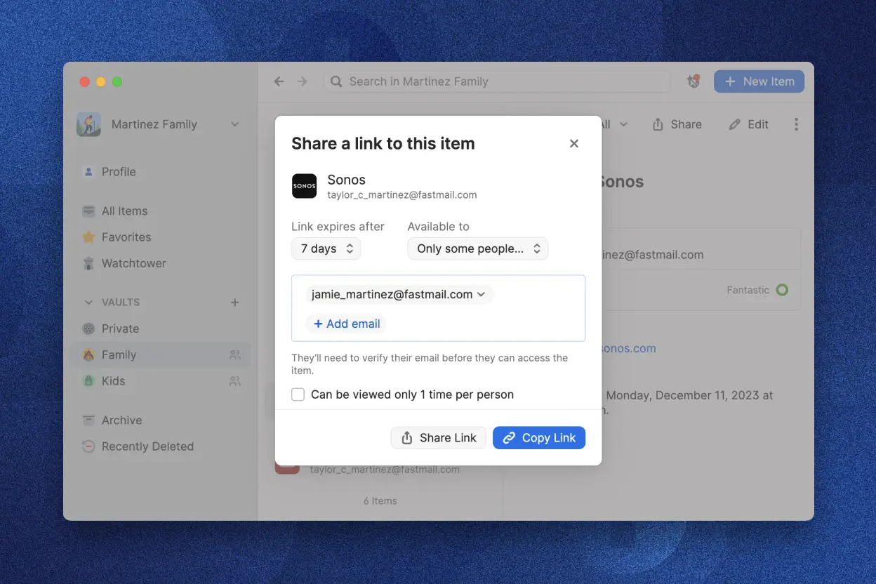 La aplicación 1Password mostrando el diálogo «Compartir un enlace a este elemento». El cuadro de diálogo muestra una dirección de correo electrónico y opciones para establecer la caducidad del enlace en 7 días y hacer que el enlace esté disponible «solo para algunas personas». Hay una casilla de verificación para «Se puede ver solo 1 vez por persona» y botones para «Compartir enlace» y «Copiar enlace».