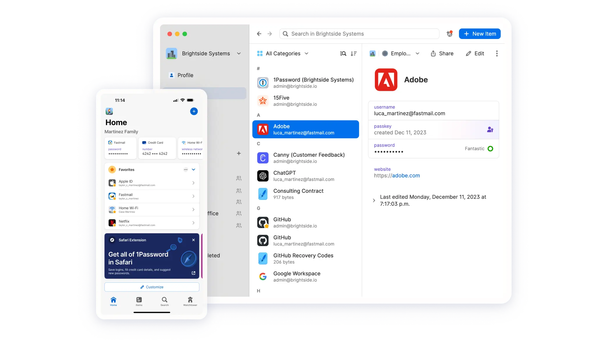 1Passwordアプリが携帯電話とデスクトップの両方に表示される。モバイルでは、パスワード、クレジットカード、Wi-Fi情報などの保存された項目が表示される「ホーム」画面が表示される。Netflixのようなお気に入りは次にリストアップされている。デスクトップにはAdobeを含むログインのリストが表示される。Adobeアカウントの詳細が選択されて表示され、ユーザー名と「Fantastic」というラベルの付いたパスワード強度インジケーターが表示される。