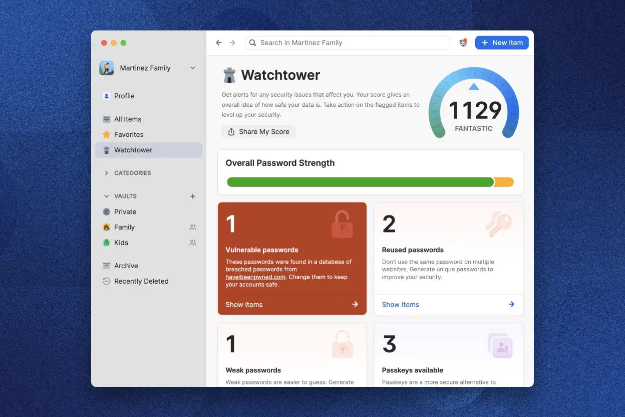 The 1Password app displaying the Watchtower feature for security alerts. The security score is 1129 marked 'Fantastic.' It shows overall password strength, 1 vulnerable password, 2 reused passwords, 1 weak password, and 3 passkeys available.