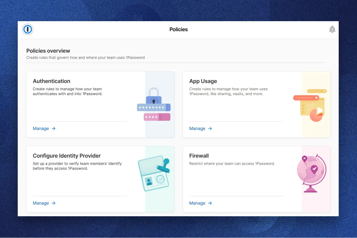 1Password Policies dashboard with options for Authentication, App Usage, Configure Identity Provider, and Firewall, each with "Manage" links.