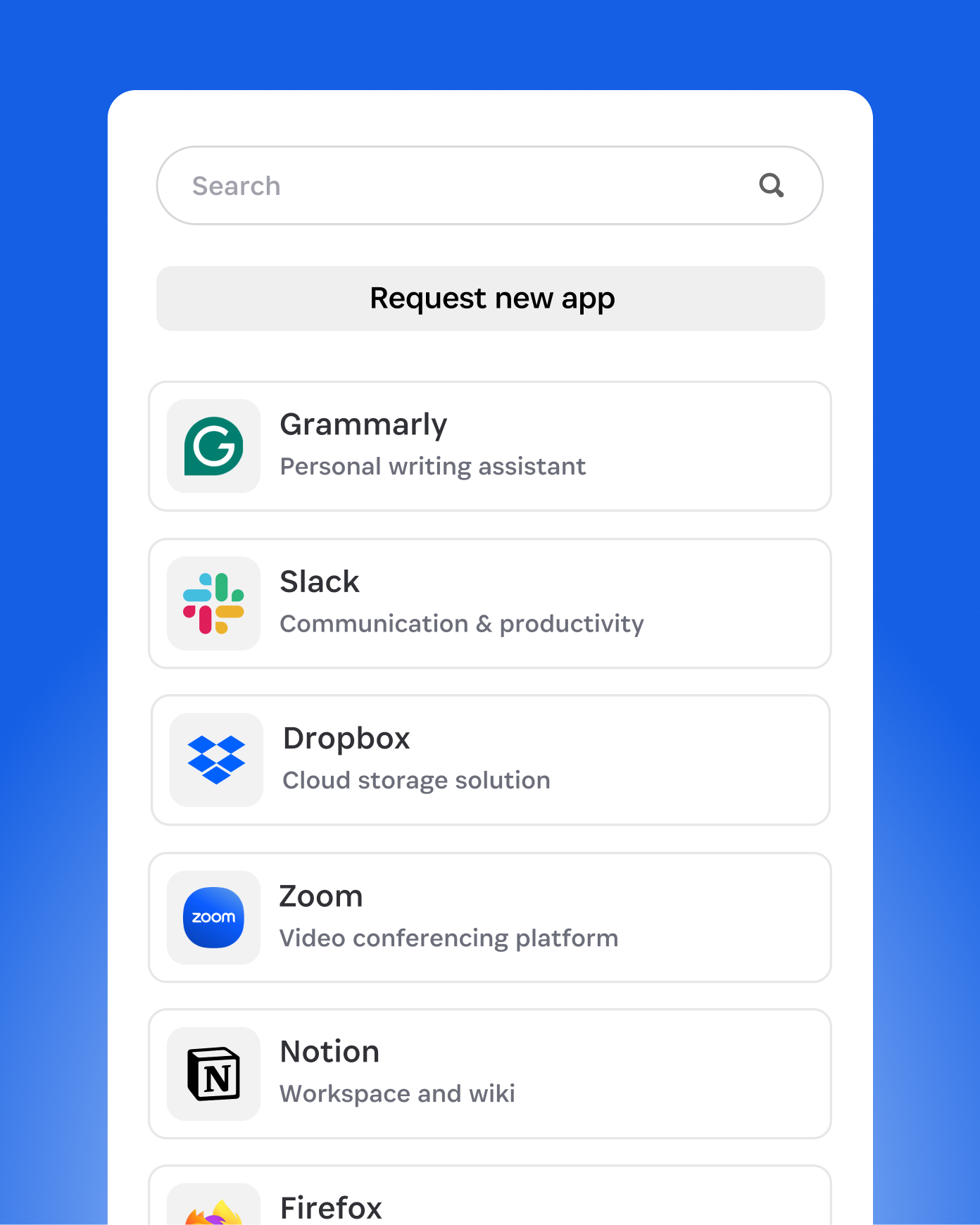 1Password Trelica app catalog interface with search bar and app request list for Grammarly, Slack, Dropbox, and Zoom