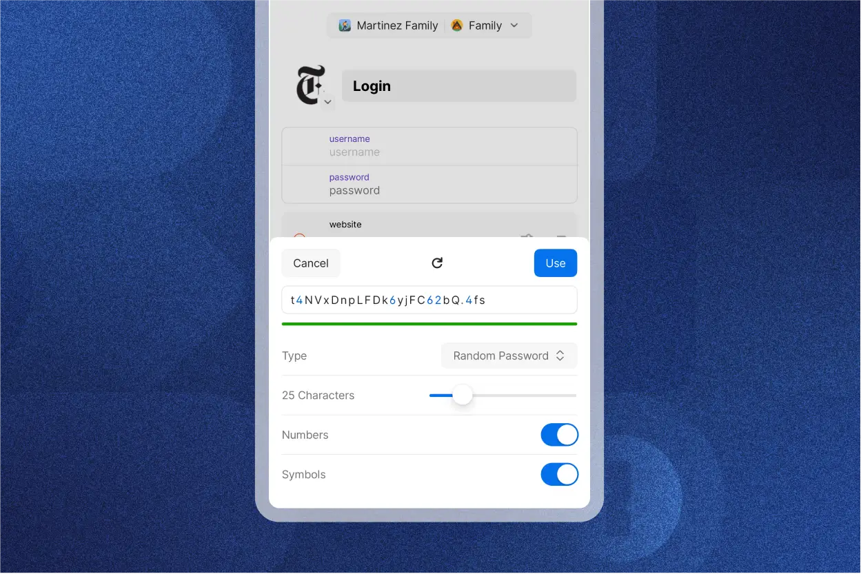 Das integrierte Passwortgenerator-Tool in der 1Password App zeigt ein zufällig generiertes Passwort. Es gibt Optionen, um das Passwort zu kopieren und automatisch auszufüllen.