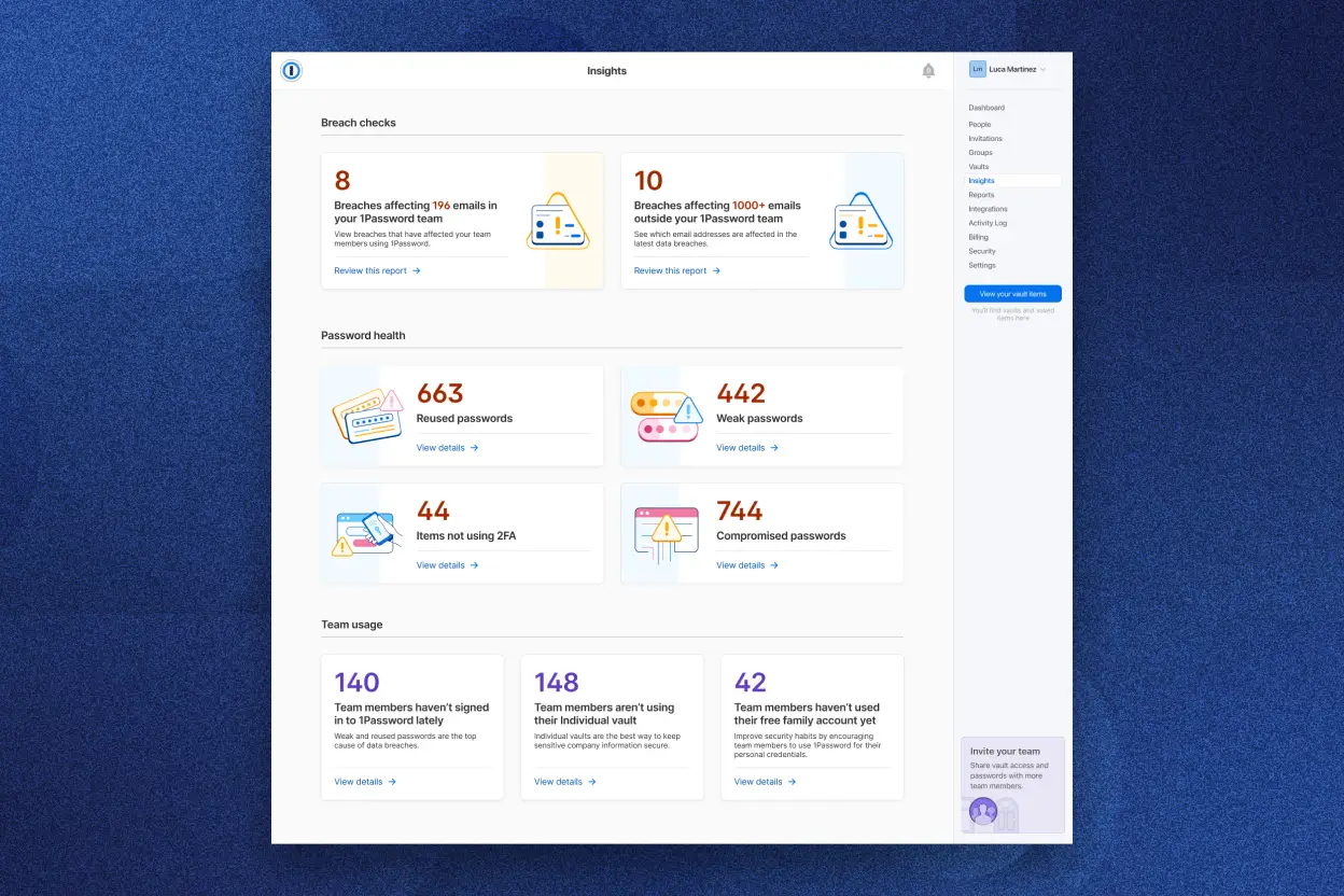 The Insights dashboard in 1Password for a company showing data for Breach checks, Password health, Team usage.