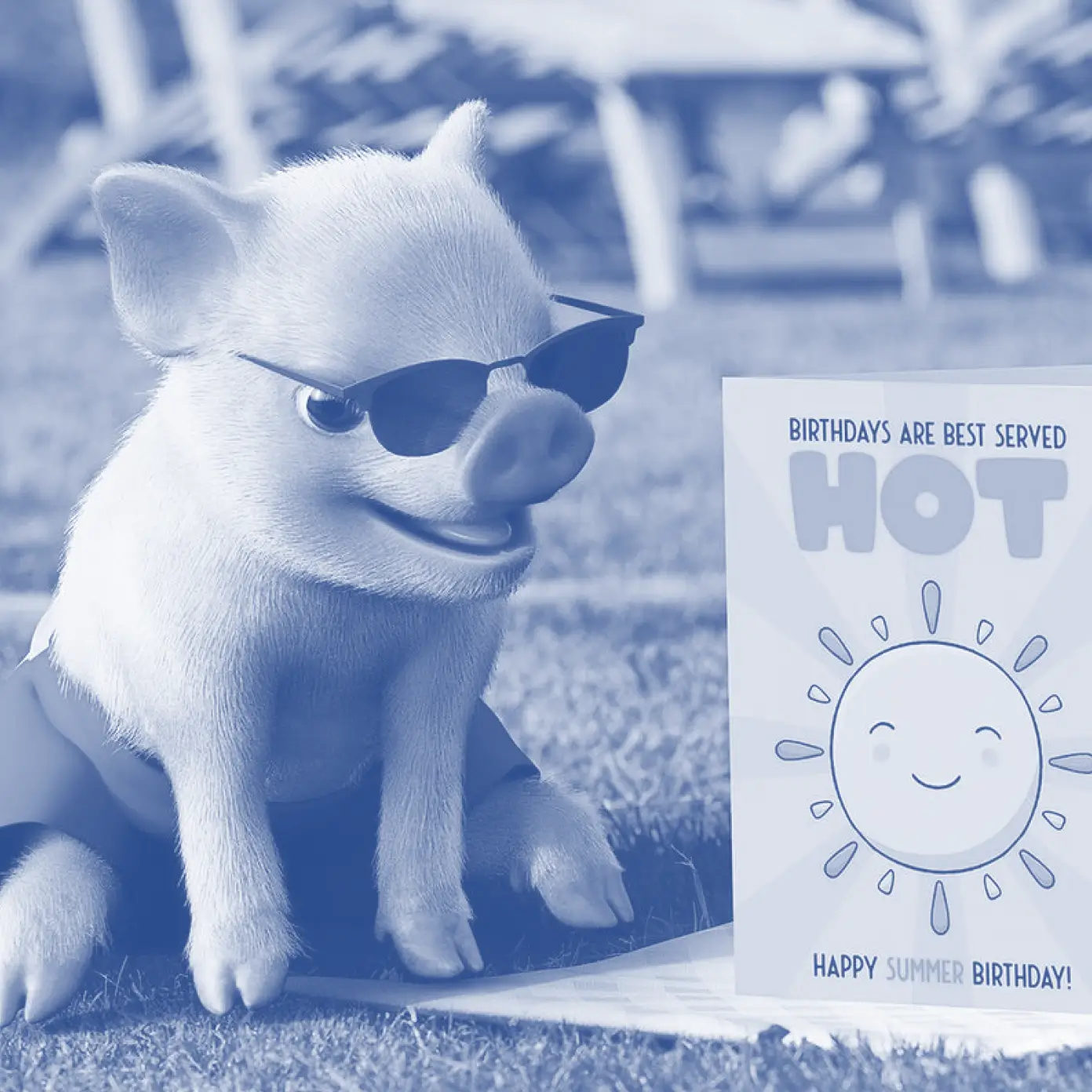 Moonpig mascot wearing sunglasses next to a birthday card illustration with testimonial about 1Password Trelica improving SaaS visibility