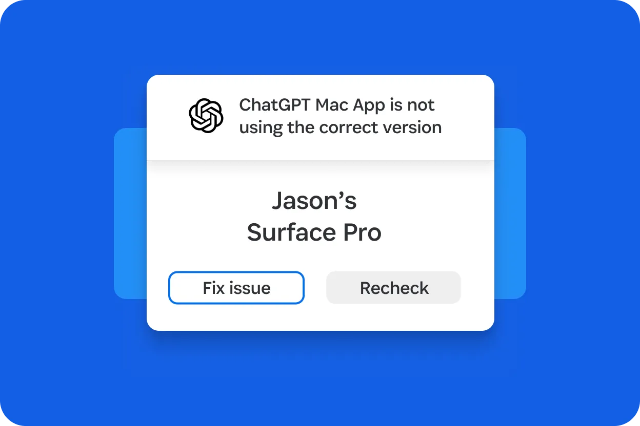 1Password alert indicating ChatGPT Mac App is not using the correct version on a device named Jason's Surface Pro.