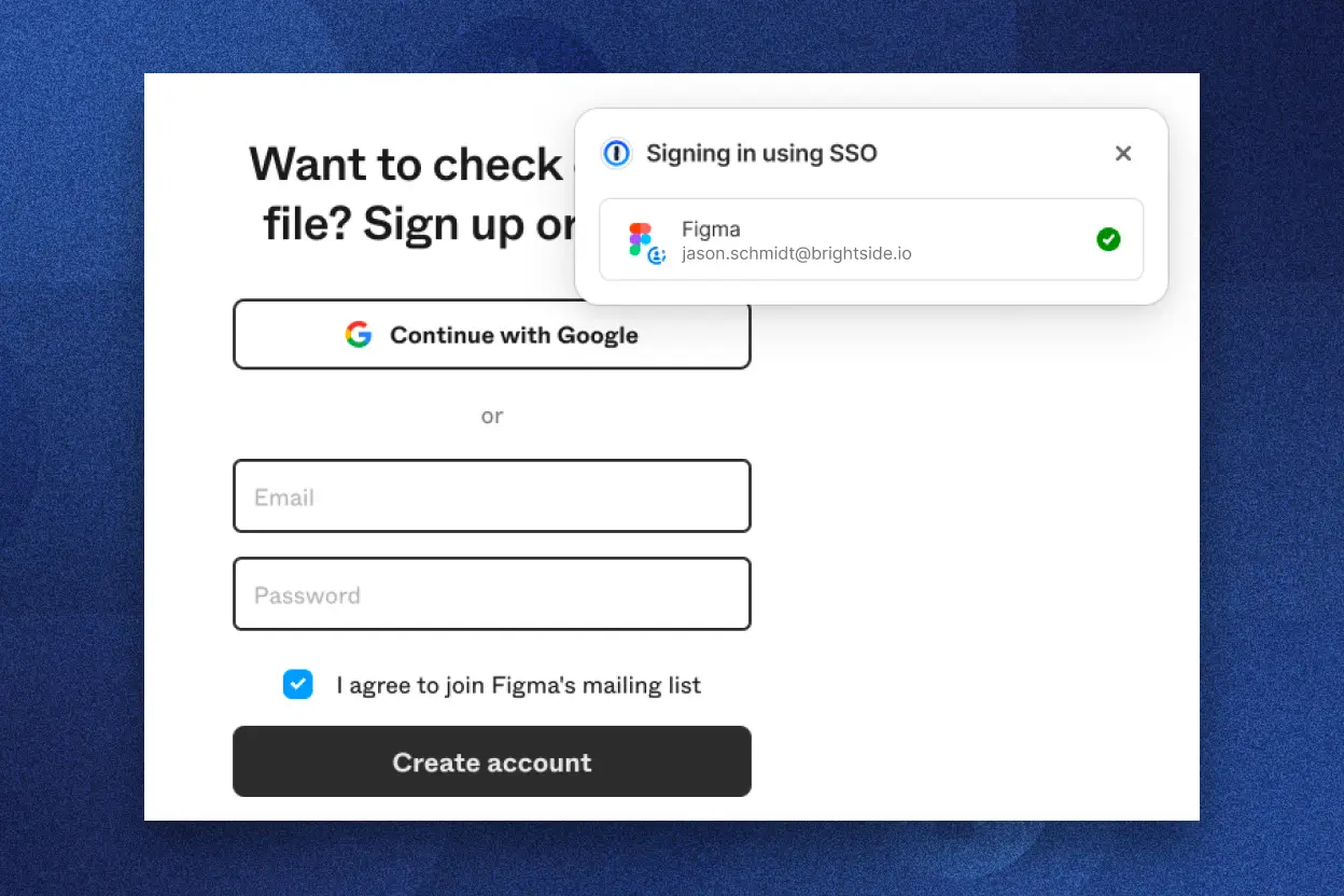 A 'Sign in using SSO' prompt from 1Password offering to log in to Figma.