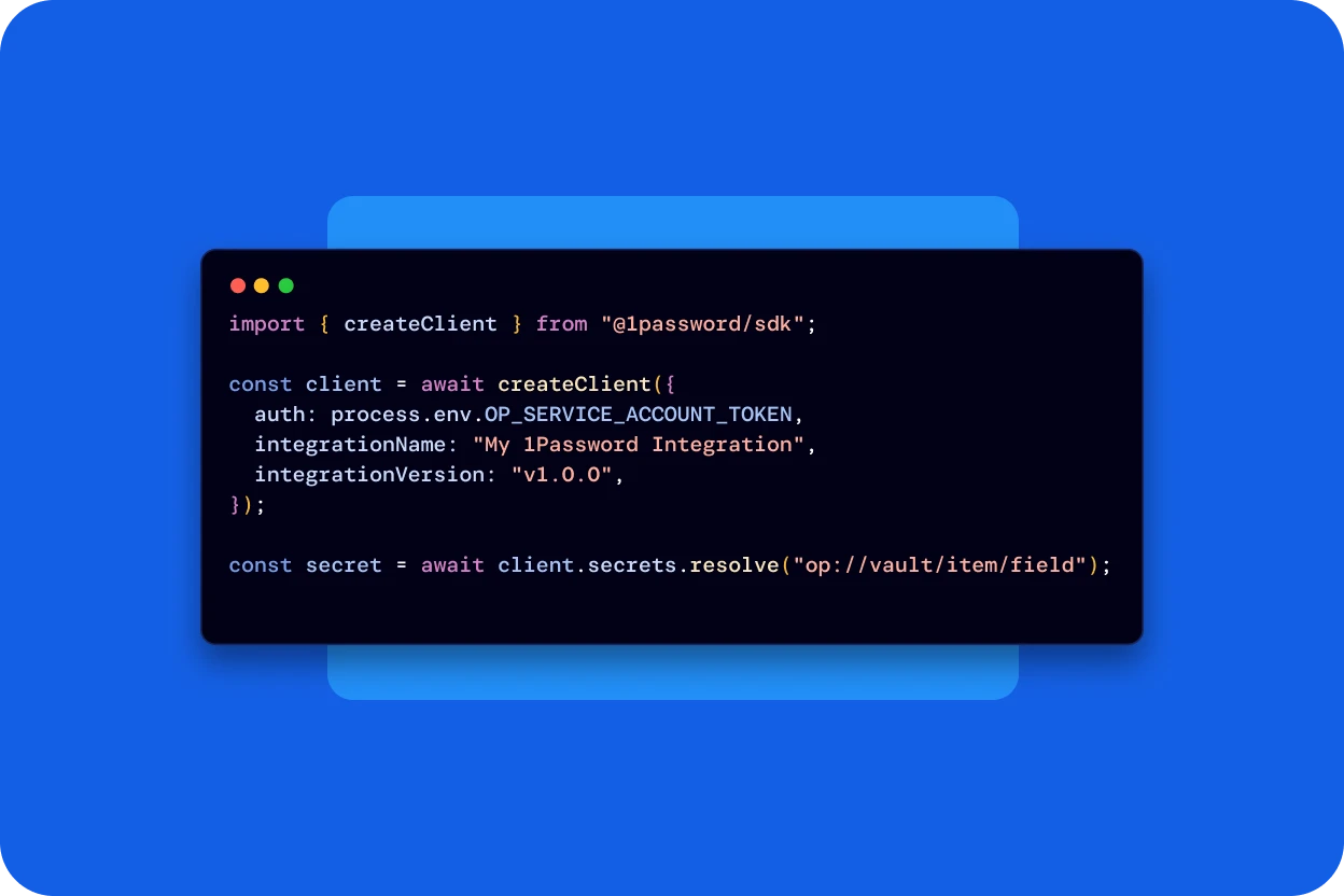 Code snippet demonstrating how to authenticate and fetch secrets using the enterprise password manager developer SDK.