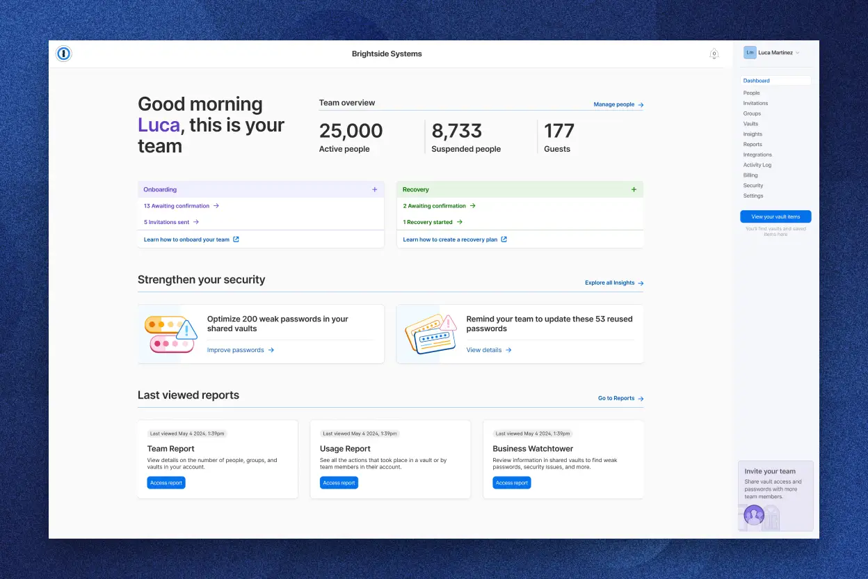 Company dashboard shown in 1Password, displaying team overview with 25,000 active people, 8,733 suspended people, and 177 guests. Sections include Onboarding, Recovery, Strengthen your security, and Last viewed reports. Recommendations for optimizing weak passwords and updating reused passwords are highlighted.