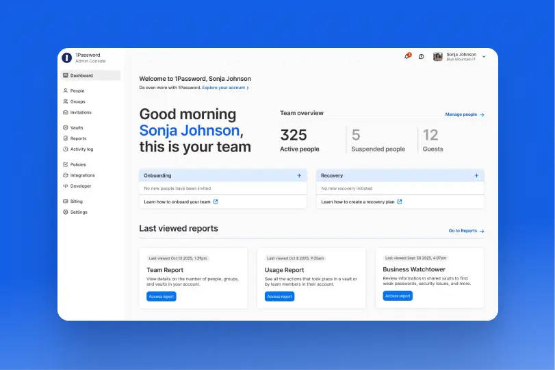 1Password admin dashboard showing team overview, active users, onboarding status, and recent reports
