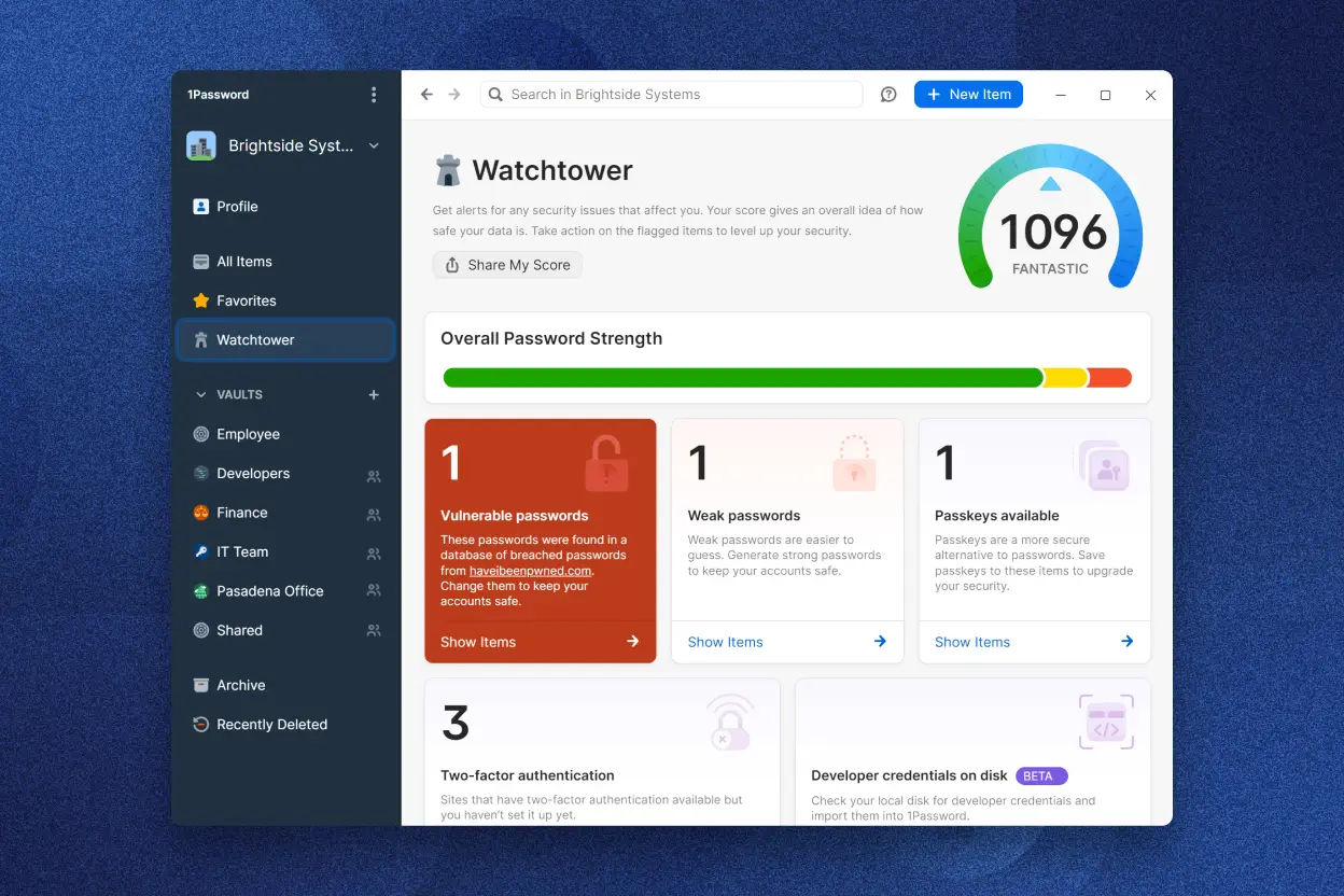 The 1Password app displaying the Watchtower feature for security alerts. The security score is 1096 marked 'Fantastic.' It shows overall password strength, 1 available Passkeys, 1 weak password, 1 vulnerable password, and 3 sites available with two-factor authentication.