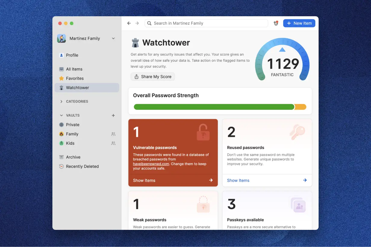 La aplicación 1Password mostrando el diálogo «Compartir un enlace a este elemento». El cuadro de diálogo muestra una dirección de correo electrónico y opciones para establecer la caducidad del enlace en 7 días y hacer que el enlace esté disponible «solo para algunas personas». Hay una casilla de verificación para «Se puede ver solo 1 vez por persona» y botones para «Compartir enlace» y «Copiar enlace».