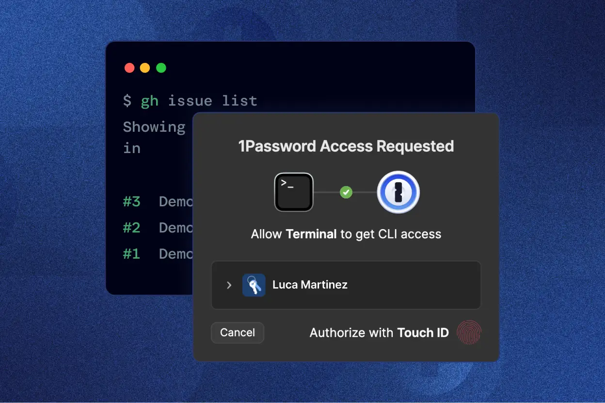 A 1Password pop-up window asking for biometric authentication to allow Terminal to access CLI.