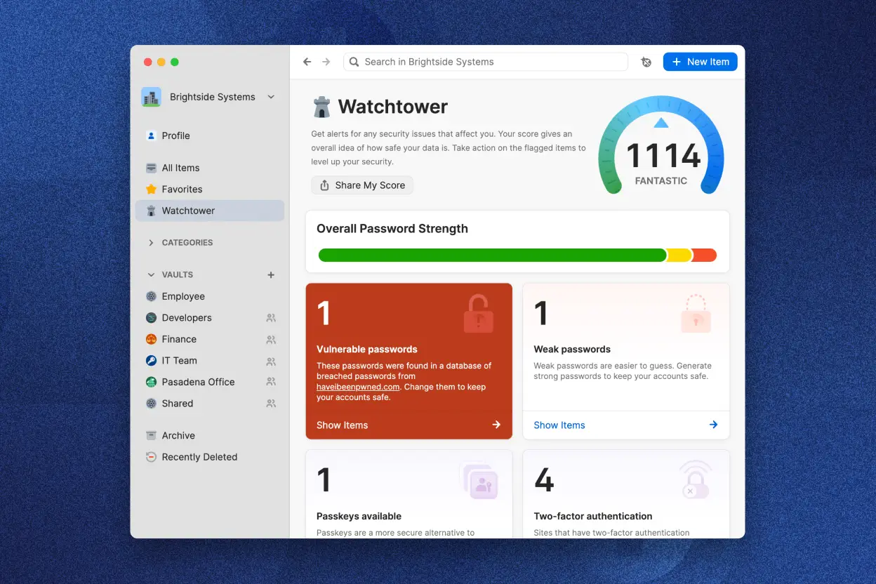 La aplicación 1Password muestra la función Watchtower de alertas de seguridad. El puntaje de seguridad es de 1114, marcado como «Fantástico». Muestra el nivel general de seguridad de las contraseñas, 1 clave de acceso disponible, 1 contraseña débil, 1 contraseña vulnerable y 4 sitios disponibles con autenticación de dos factores.