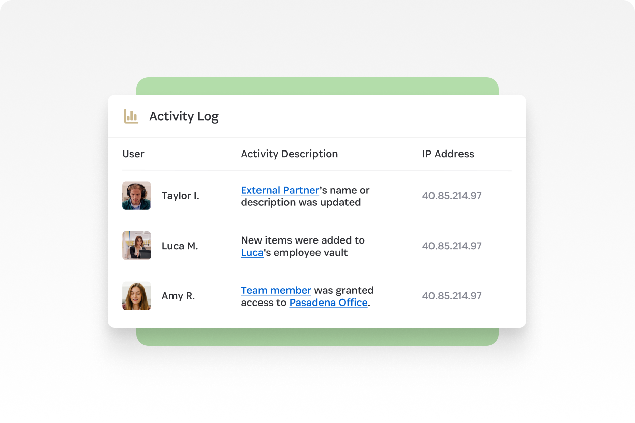 Das 1Password-Aktivitätsprotokoll zeigt, wo Administratoren Ereignisse im Konto verfolgen können, beispielsweise wenn Teammitglieder Berichte anzeigen oder neue Geräte einrichten.