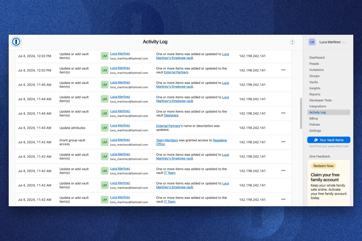 The 1Password Activity Log showing where administrators can keep track of events in the account, like when team members view reports or set up new devices.