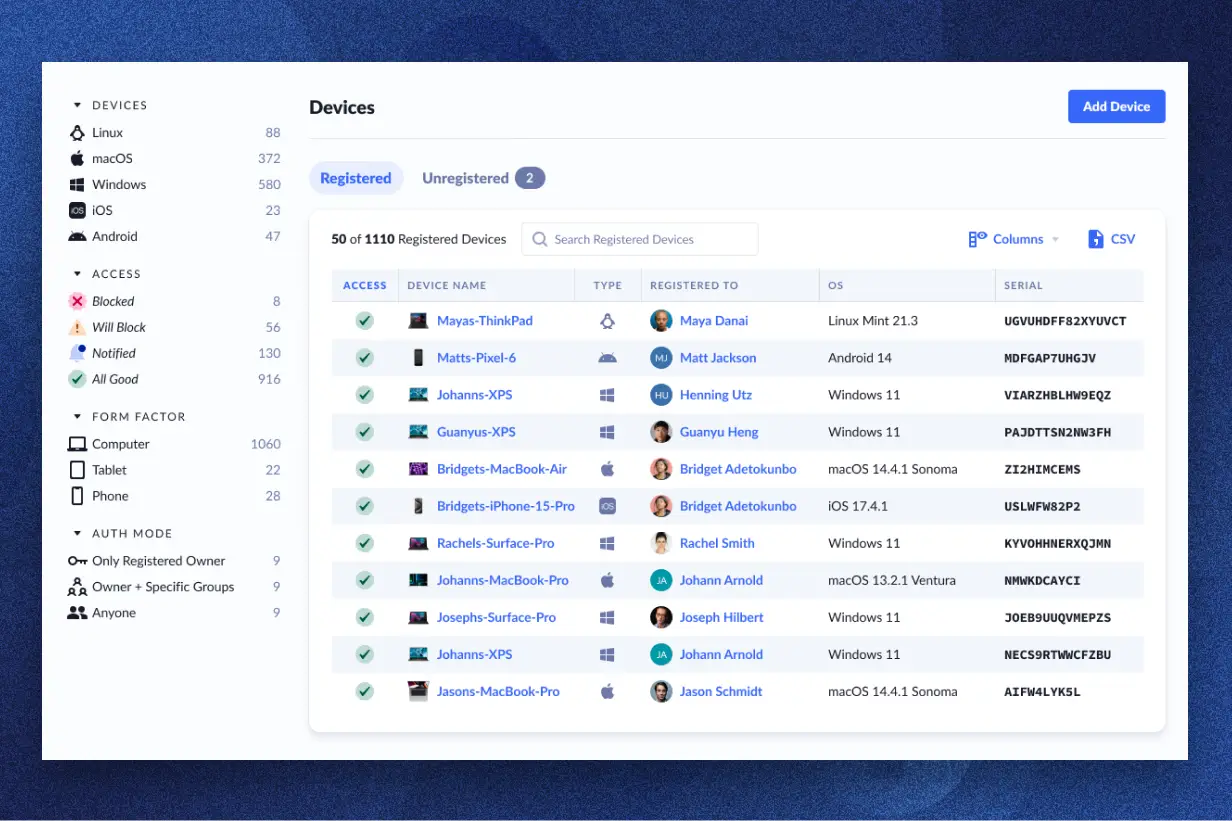 1Password Extended Access Management dashboard interface showing a list of registered devices with details like access status, device name, type, user, OS, and serial number.