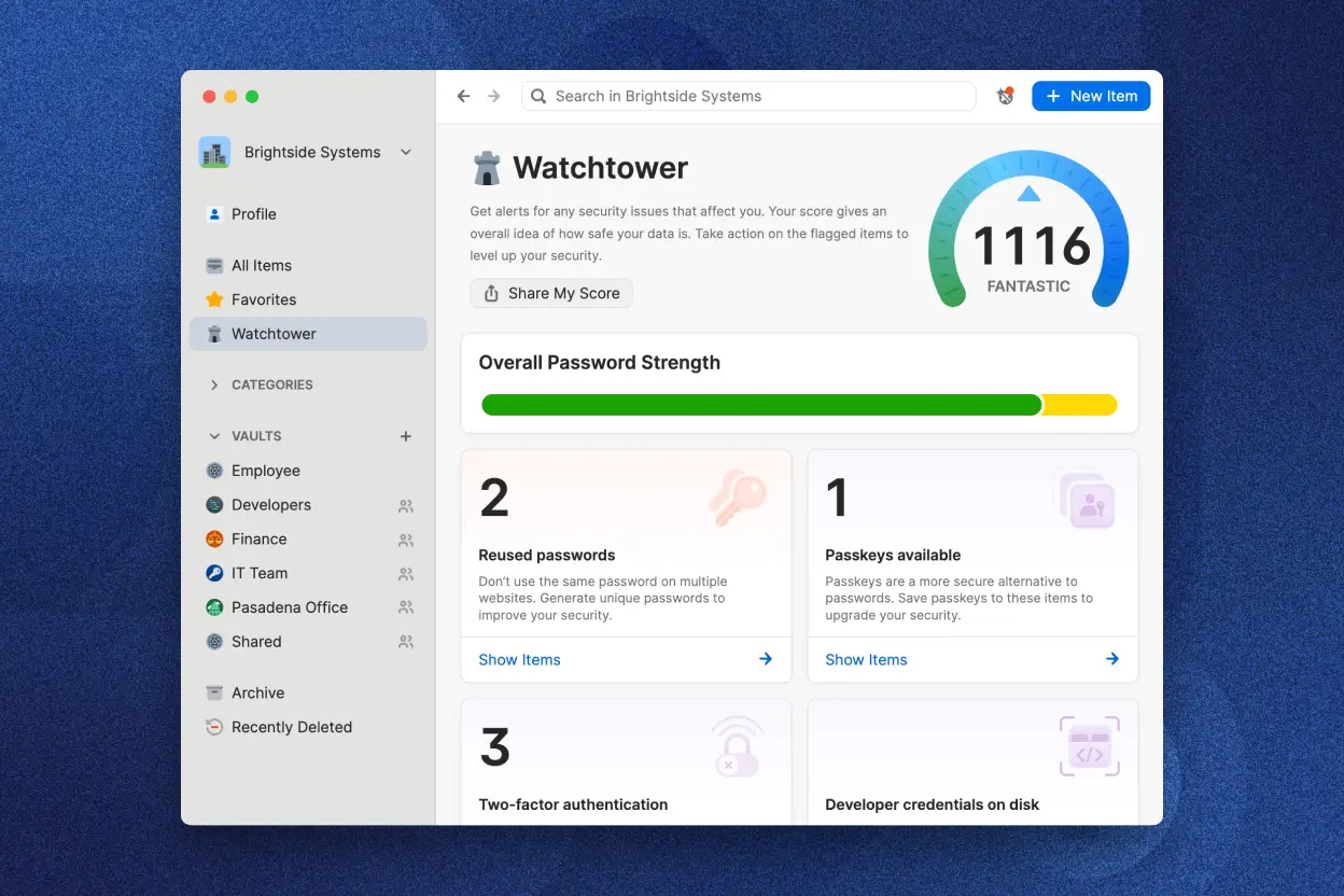 Interface do 1Password Watchtower de uma empresa, mostrando uma alta pontuação de segurança, força da senha e detalhes sobre senhas reutilizadas e chaves-senha disponíveis.