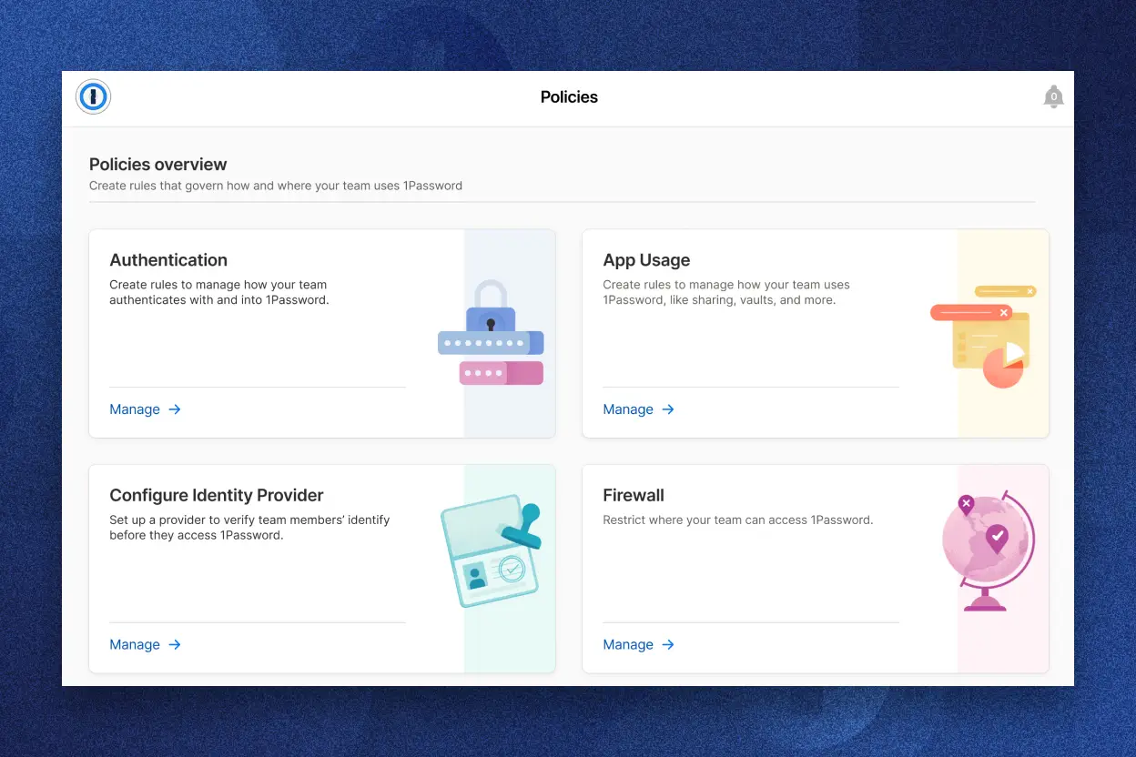 The 1Password Policies overview dashboard where you can create rules for how and where your team uses 1Password, including options like Authentication, App usage, Configure Identity Provider, and Firewall.